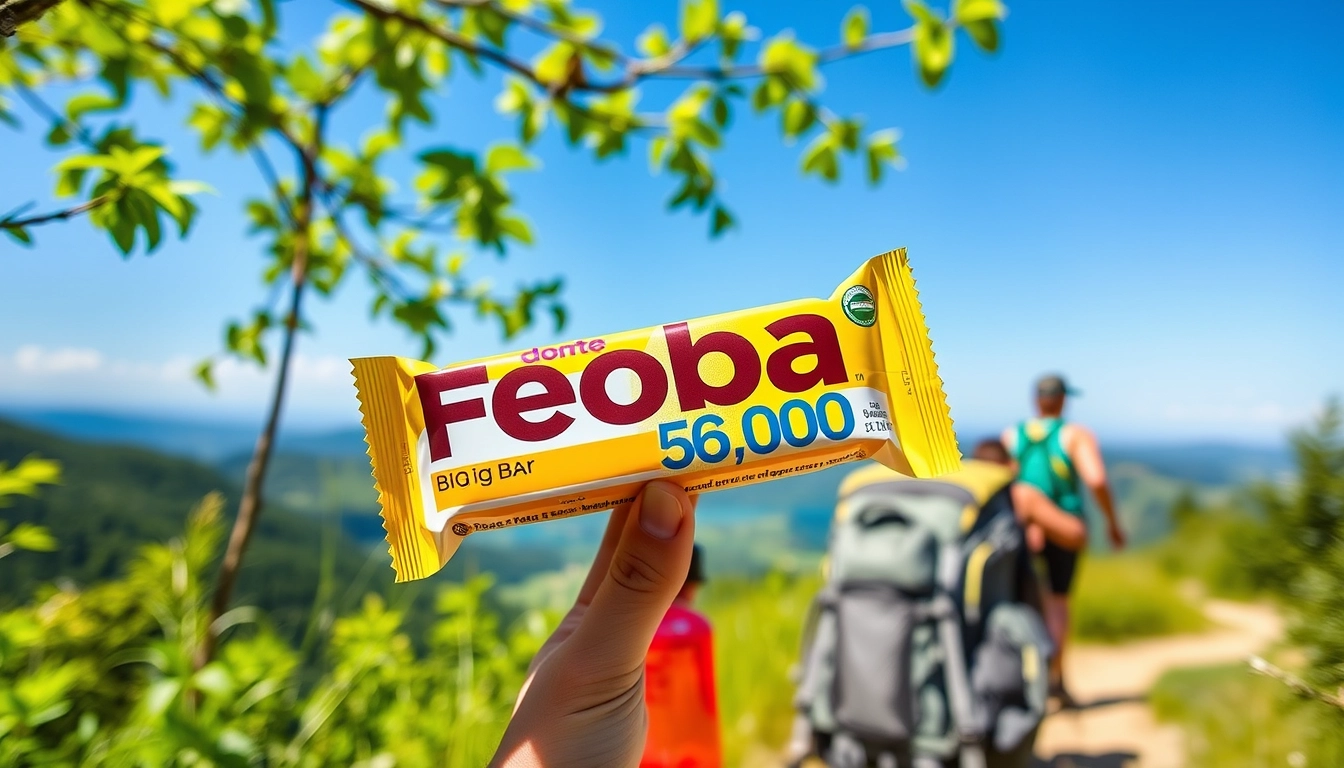 A woman enjoying the Feoba big bar 6000 while hiking in nature, highlighting its appeal as a healthy snack for energy and nutrition.