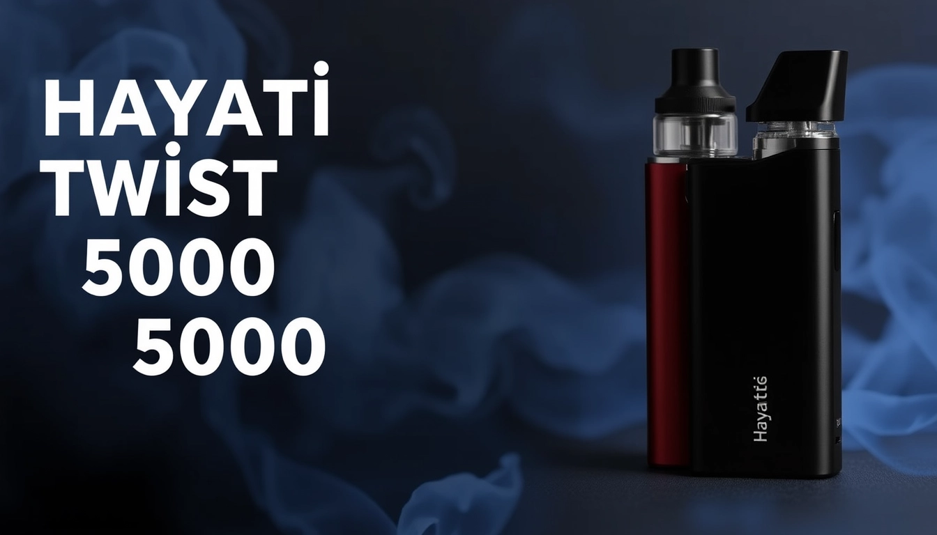 Hayati Twist 5000 disposable vape device showcasing its sleek design and highlighting its features like 5000 puffs and a rechargeable 1600mAh battery.