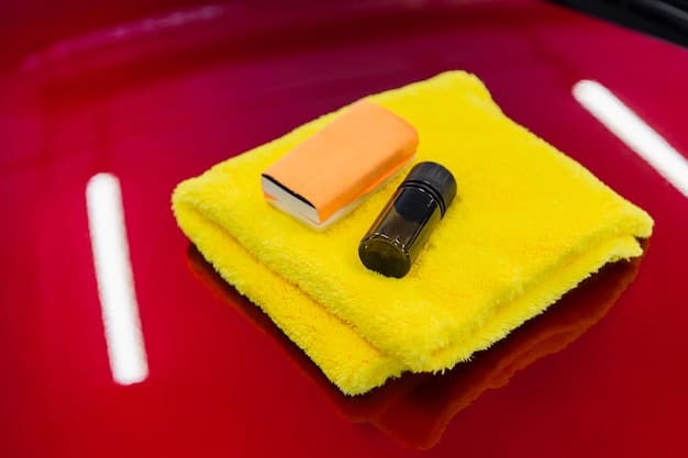 A close-up shot of various car waxing supplies, including wax bottles, microfiber cloths, applicator pads, and car wash soap. The arrangement is neat, and the lighting is bright to highlight the products.
