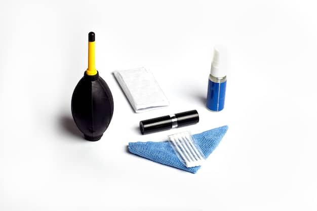 A collection of car cleaning supplies laid out neatly on a clean surface, including a vacuum cleaner with attachments, various cleaning solutions in spray bottles, microfiber cloths, brushes of different sizes, and a bucket of warm water. Labels on the cleaning solutions are clearly visible.
