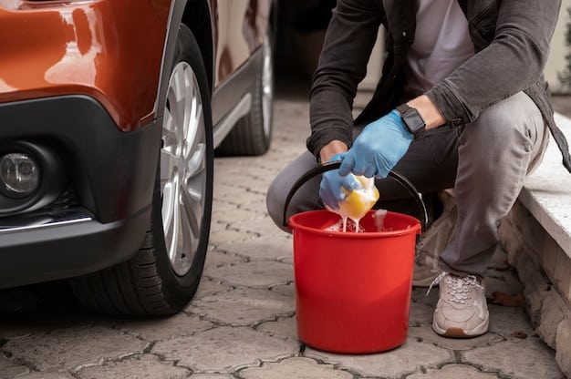 A person thoroughly cleaning a car wheel with a wheel brush and a bucket of soapy water. The image should focus on the detailed cleaning of hard-to-reach areas, highlighting the effectiveness of the brush.