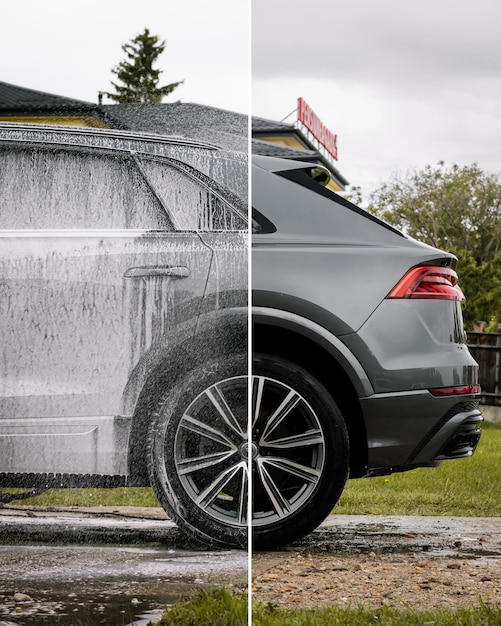 Before and after shots of a car's exterior, showing the dramatic difference that professional detailing can make. The 