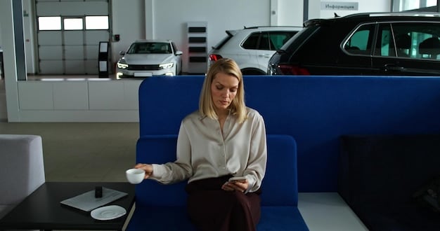 A well-organized service center with multiple bays, each occupied by a car undergoing different maintenance services. Customers are seen in the waiting area, relaxed and comfortable.