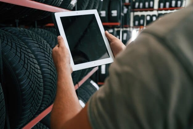 A tablet displaying a list of service specials at a dealership, with highlighted sections showing discounts on oil changes, tire rotations, and brake services.
