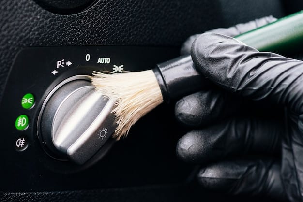 Close-up of a convertible top being meticulously cleaned with specialized brushes and cleaning solutions. Emphasize the attention to detail and the use of professional-grade products.