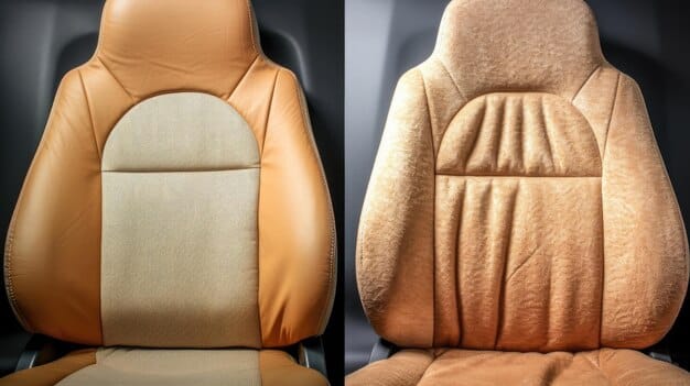 A comparison image showing a dirty, faded convertible top next to a clean, vibrant one after professional cleaning and protection. Highlight the dramatic difference in appearance and condition.