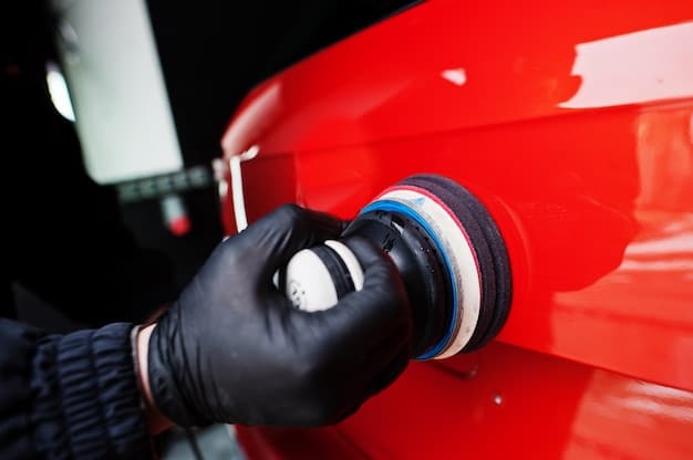 A close-up of a car's exterior undergoing paint correction, with a detailer using a polishing machine to remove swirl marks and scratches from the clear coat.