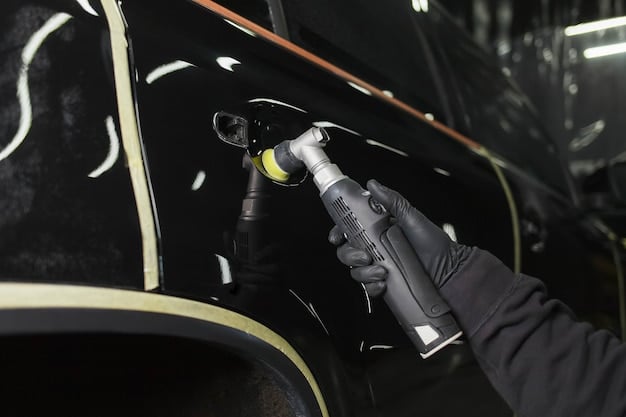 A car's exterior after a professional detailing service, showcasing a deep, reflective shine. The car is parked in a well-lit area to highlight the glossy finish.