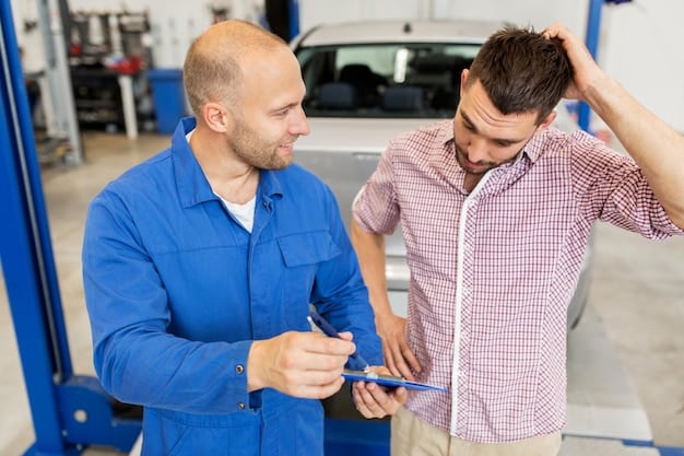A worried car owner stands beside their car, which is being inspected by a mechanic in a service bay. The owner is looking at a tablet showing an estimate for a significant repair cost. The scene conveys the financial stress of unexpected car repairs.