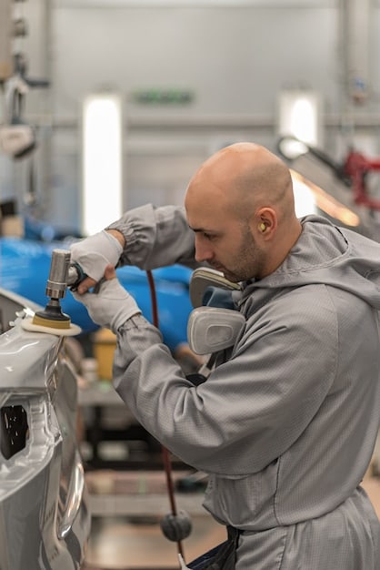 A technician working inside a car, replacing an airbag module. The technician is wearing safety glasses and gloves, and the focus is on the airbag replacement procedure.