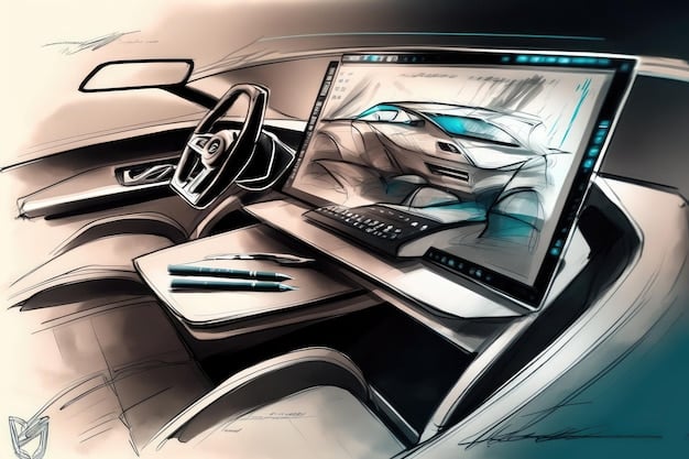 Sketch or rendering of the 2026 Ford Mustang's interior, highlighting the digital dashboard, touchscreen infotainment system, and redesigned steering wheel. The interior features a modern and sporty design.