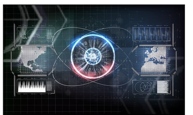 A futuristic dashboard display within a connected car, showing real-time cybersecurity threat analysis and defense mechanisms. The display includes visual representations of network traffic, intrusion detection alerts, and automated response systems.