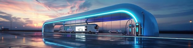 A futuristic hydrogen fuel cell car being refueled at a hydrogen station. The background shows a clean, modern cityscape with wind turbines in the distance, emphasizing the sustainability aspect of hydrogen fuel.