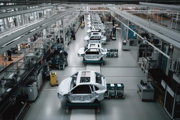 A Tesla Model Y driving off a production line inside a Gigafactory, showing the advanced automation and efficient assembly processes.