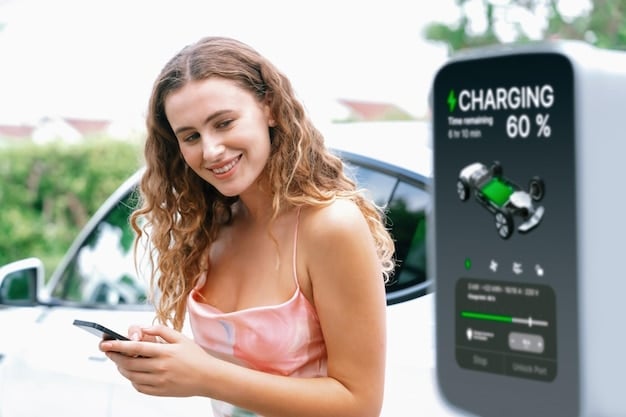 A person charging a hybrid car at a public charging station. The charging station is located in a well-lit urban area, and there are other electric and hybrid vehicles nearby. The scene illustrates the growing infrastructure supporting electric and hybrid vehicles.