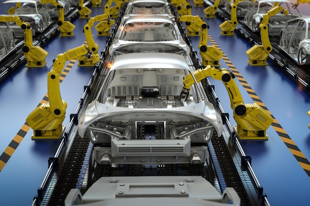 A wide shot of an automotive factory floor, with robotic arms assembling car parts on an assembly line. The factory is brightly lit, and workers are overseeing the assembly process. The focus is on the efficiency and automation of the car manufacturing process.