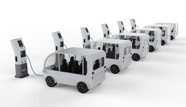 A rendering of a General Motors electric vehicle charging station, showcasing multiple charging ports and integrated solar panels for renewable energy generation. The station is located in a well-lit, accessible urban environment.