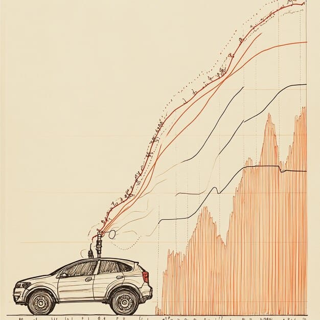 A graph illustrating the upward trend of new and used car prices over the past two years, clearly indicating the effect of inflation.