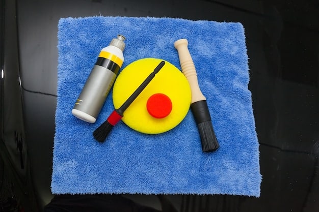 A well-organized detailing kit, showing detailing clay, clay lubricant, microfiber towels, and a wash bucket with soap, all neatly arranged on a clean surface, ready for use in the car detailing process.