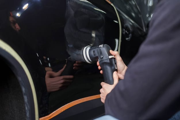 A professional detailer using a dual-action polisher on a car door, with a focus on the paint surface being corrected.