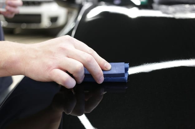 Close-up of a professional applying ceramic coating to a car panel, using an applicator pad. The focus is on the smooth, even application and the glossy finish already visible.