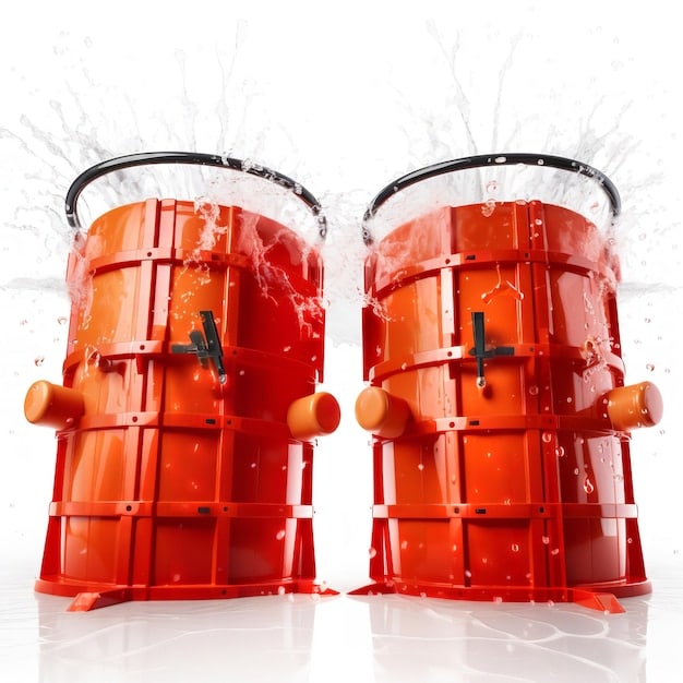 Close-up shot of a two-bucket system with grit guards in each bucket. One bucket contains soapy water, while the other contains clear rinse water. A microfiber wash mitt is submerged in the soapy water, ready for use. The image highlights the importance of separating clean and dirty water to prevent scratches.