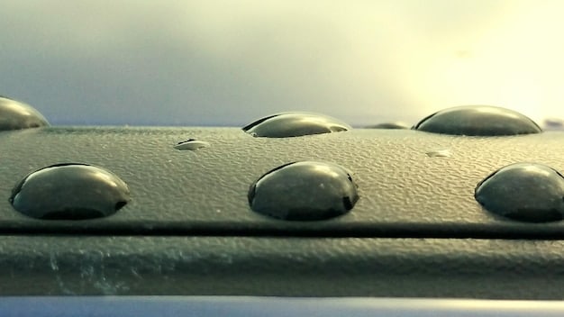 Close-up of water beading on a ceramic coated car surface, demonstrating hydrophobic properties. The water droplets are perfectly round and rolling off the surface.