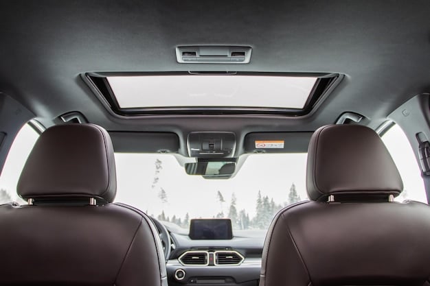 A car interior with a sunshade placed on the windshield to protect the leather seats from UV rays. The focus is on the dashboard and front seats, highlighting the protective measure. The interior is clean and well-maintained.