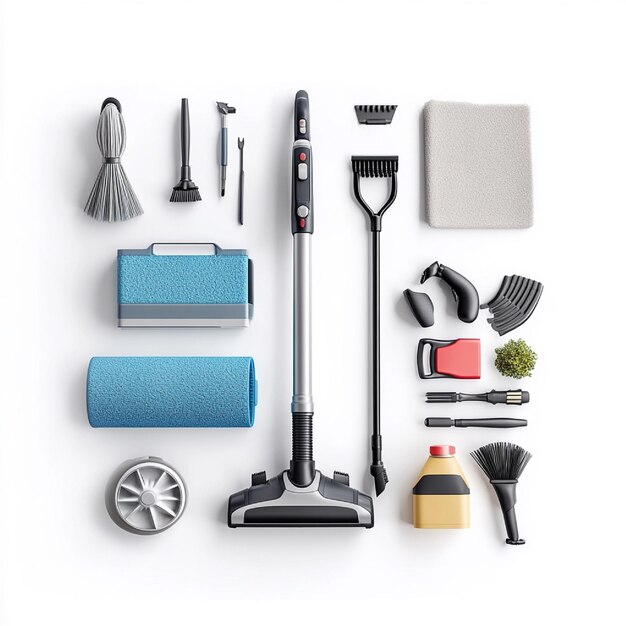 A collection of car cleaning supplies, including a vacuum cleaner with hose attachment, various stain remover sprays, microfiber cloths, detailing brushes of different sizes, and a bucket with soapy water, arranged neatly on a clean surface.