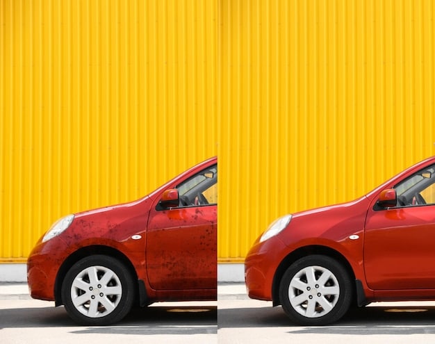 A side-by-side comparison of a car's paint, one side with visible swirl marks and scratches, and the other side after being corrected with a dual-action polisher, showing a smooth, glossy finish.
