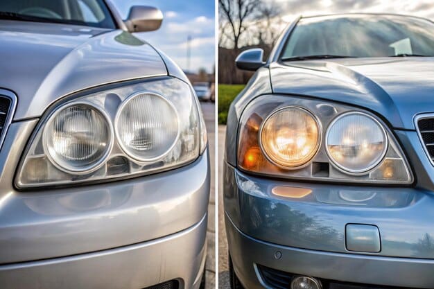 A before-and-after comparison of a car headlight, with one side showing yellowed and cloudy and the other side clear and restored. The image clearly illustrates the dramatic improvement in headlight clarity after restoration. Shows results of DIY Headlight Restoration: Get 50% Brighter Lights for Under $20.