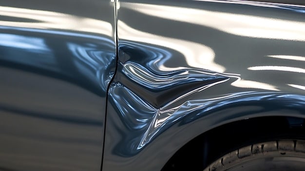 A before-and-after image showcasing a minor scratch on a car door. The 