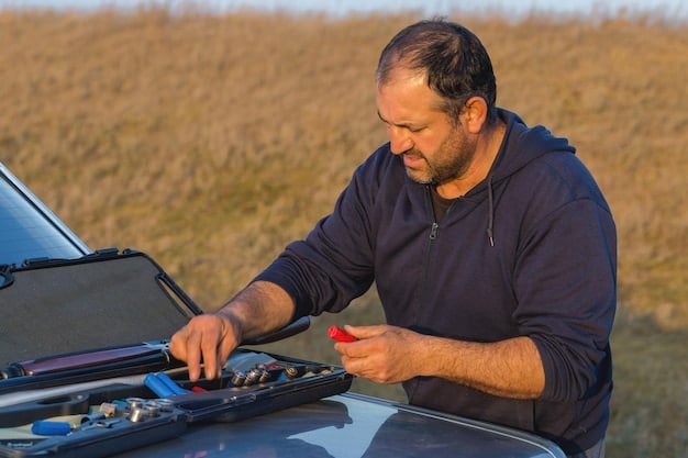 A car owner checking the voltage of their car battery using a multimeter. They are holding the multimeter probes to the battery terminals. The image focuses on the accuracy and safety of the measurement process. Mention 'Extend Your Car Battery Life by 2 Years: A Step-by-Step DIY Maintenance Guide'.
