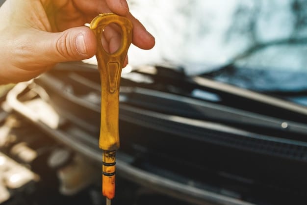 A person checking the oil level of a car using the dipstick, with a focus on the markings indicating the proper oil level. The image shows the step of ensuring the right amount of oil after 