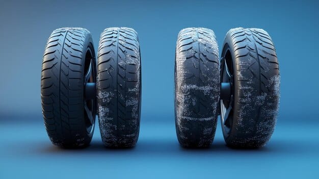 A visual comparison of two tires side by side. One tire shows even wear across the tread, while the other shows significant uneven wear on one side. This illustrates the direct impact of regular tire rotation on tire condition and longevity.