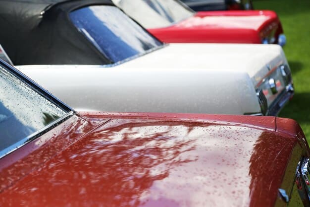 A car parked outdoors with visible water beading on the waxed surface, demonstrating how wax protects the paint from water damage and environmental contaminants. The image highlights the effectiveness of DIY Car Waxing: Protect Your Car's Paint and Enhance Its Shine.