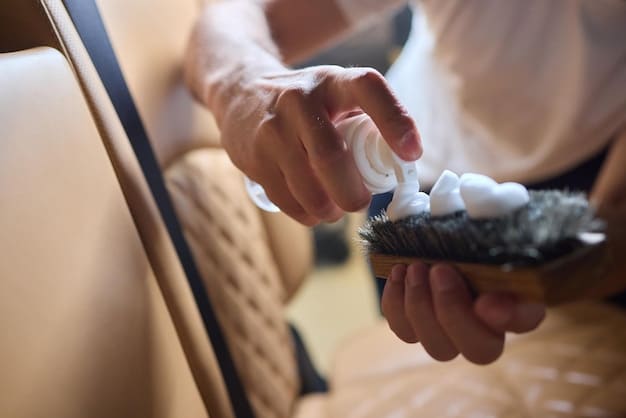 A person sprinkling baking soda on a car seat to absorb odors, highlighting the DIY Car Upholstery Cleaning process. The interior of the car is visible in the background.