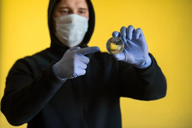 A person wearing safety glasses and gloves, holding a bottle of brake fluid, and carefully pouring it into the brake fluid reservoir of a car. The focus is on the protective gear and the act of pouring the fluid, emphasizing safety during the DIY Car Brake Bleeding: Improve Braking Performance and Safety process.