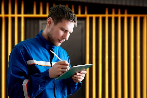 A close-up shot of a repair technician using a digital tablet to check maintenance schedules and discount eligibility for a customer's vehicle. The screen shows the details of 