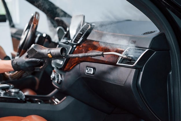 Close-up of a car's interior being meticulously cleaned and detailed, showcasing the attention to detail and care involved in professional detailing services, with the tagline 