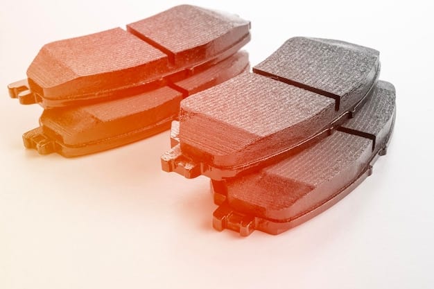 An image showing worn brake pads compared to new brake pads, clearly showing the difference in thickness and condition. The image is taken in a well-lit garage setting. The new brake pads are labeled 