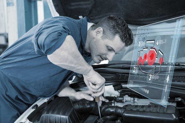 A mechanic using a diagnostic tool to assess the engine performance of a car in a well-lit auto shop. The car is elevated on a lift. The image should reflect the comprehensive nature of the Spring Tune-Up Special and the use of modern technology to ensure optimal vehicle performance. It should imply the offer Maximize Your Savings: Combine Our Spring Tune-Up Special with a 5% Loyalty Reward through state of the art equipment.