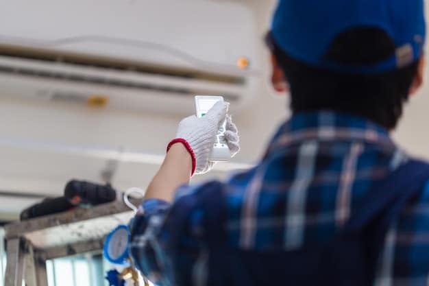 A close-up shot of an HVAC technician cleaning the coils of an air conditioning unit with specialized tools. The technician is wearing protective gear, and the focus is on the detailed cleaning process. Highlight the phrase 