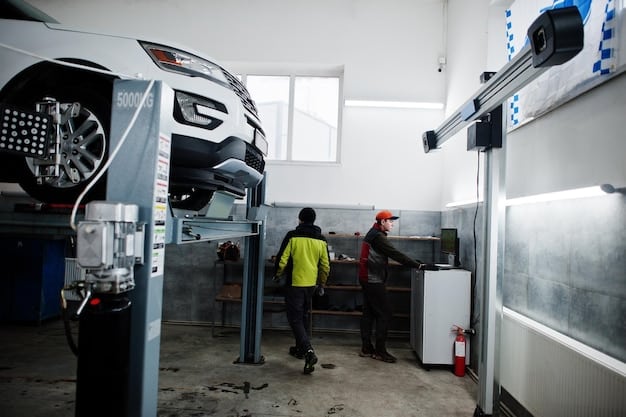 A modern auto service center with advanced alignment equipment and technicians working on a car. The scene should convey professionalism and technology. Text overlay: Get Road Trip Ready: Receive a $20 Discount on Alignment Services Before Your Next Long Drive
