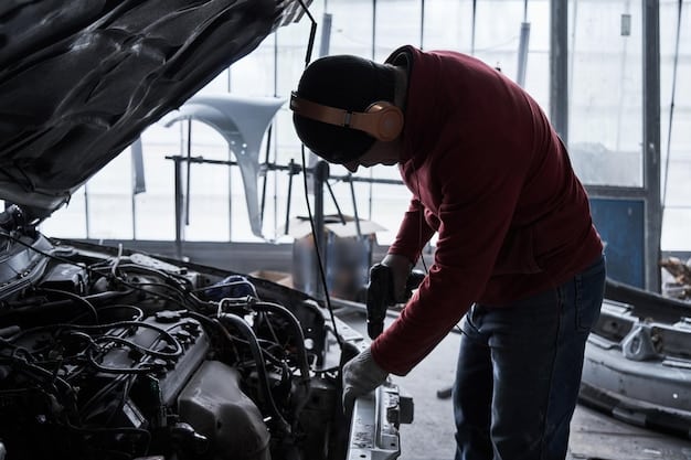 A mechanic performing a fluid check on a car engine in a well-lit service bay, with the text 
