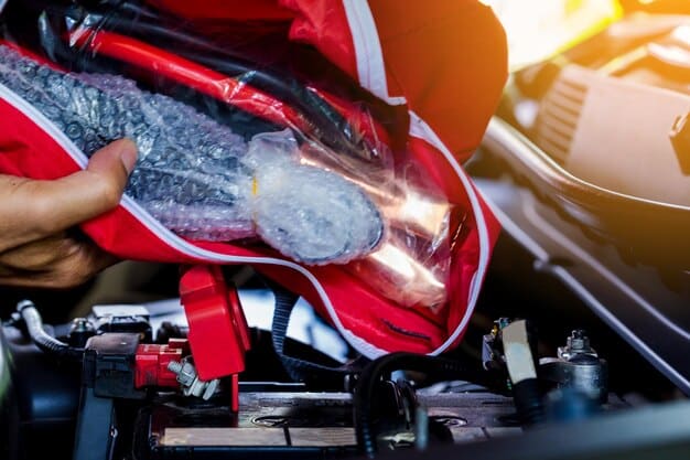 A close-up shot of a mechanic checking the antifreeze level in a car's engine, with focus on the fluid reservoir and the mechanic's gloved hands. The scene subtly includes a 