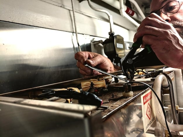 A mechanic using specialized equipment to clean a fuel injector. The equipment is connected to the injector, and cleaning fluid is visibly circulating. The text 