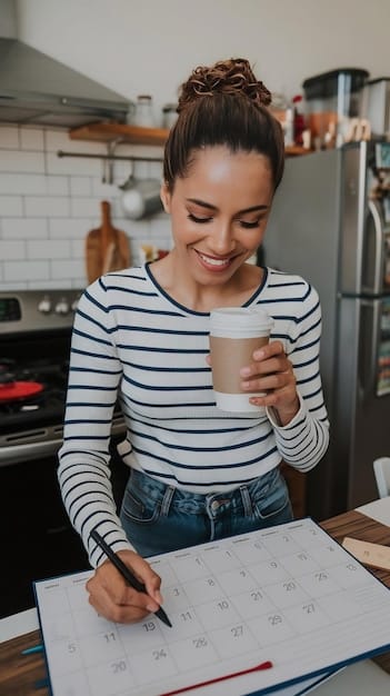 A person happily checking off items on a planning list, with a calendar and calculator nearby, suggesting financial savings and organization.