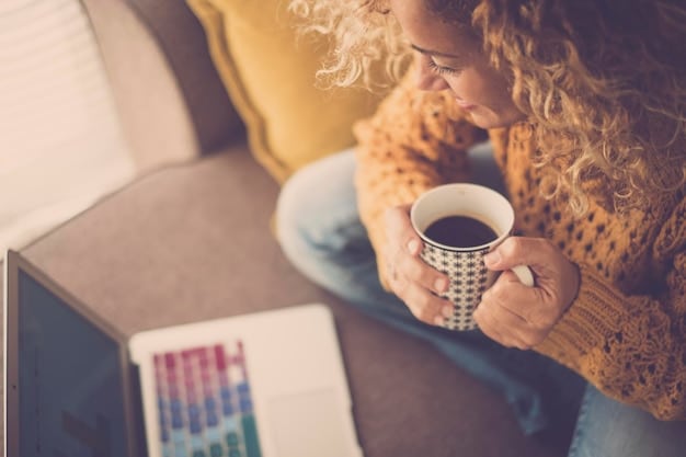 A relaxed person drinking coffee while looking at a calendar, signifying reduced stress and better planning for the future with New Year, New Savings.