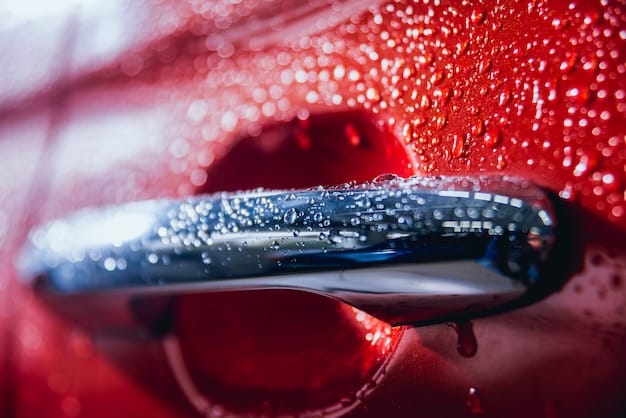 A close-up shot of a car's exterior being meticulously cleaned with high-pressure water and soft brushes in a modern car wash facility. The focus is on the water droplets and the cleanliness being achieved, highlighting the benefits of the 'Exclusive Offer: Get a Free Car Wash with Any Service Exceeding $100 This Quarter.'
